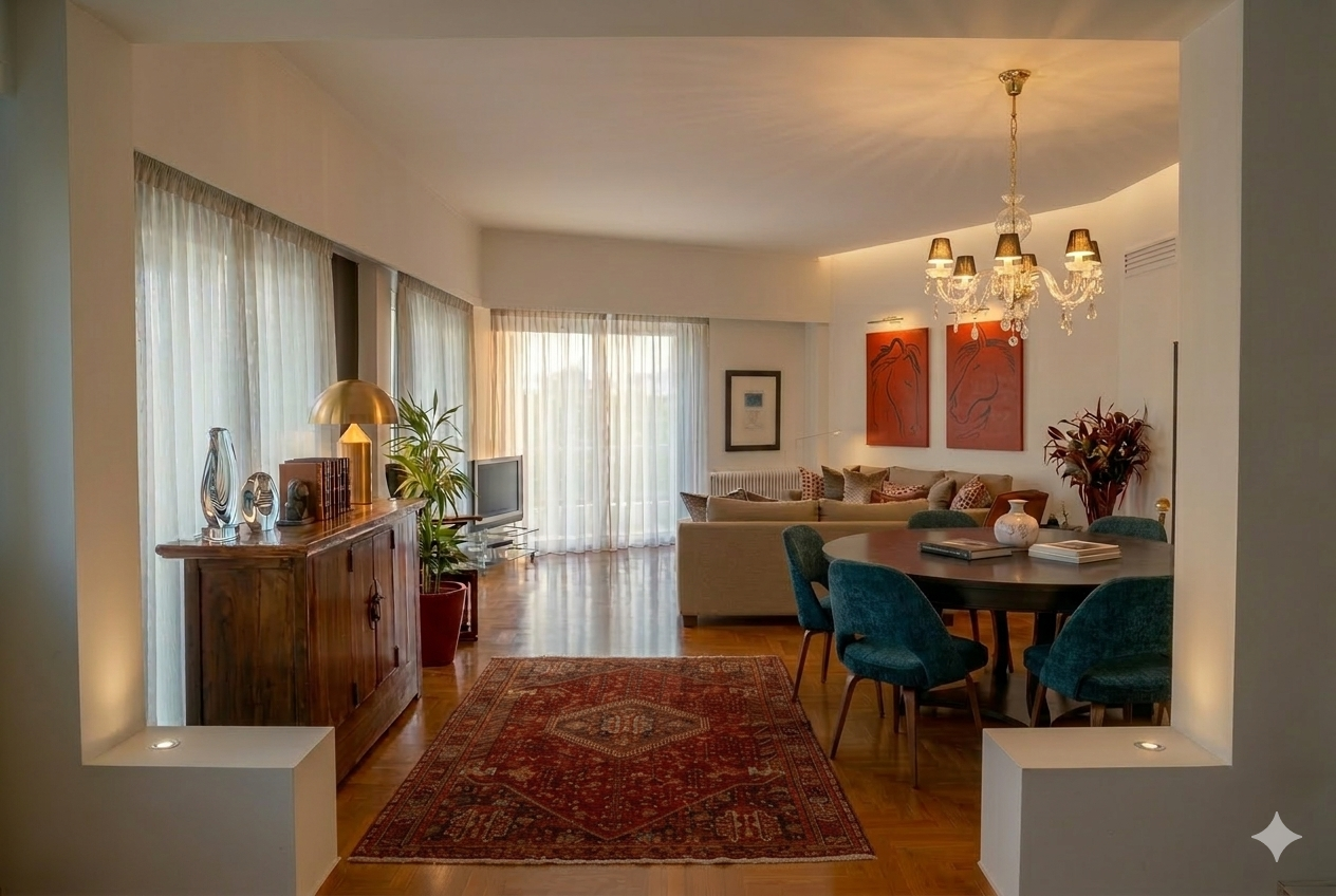 Warm and layered living room with a dining area, horse paintings, chandelier, TV, large windows with curtains, and decorative items.