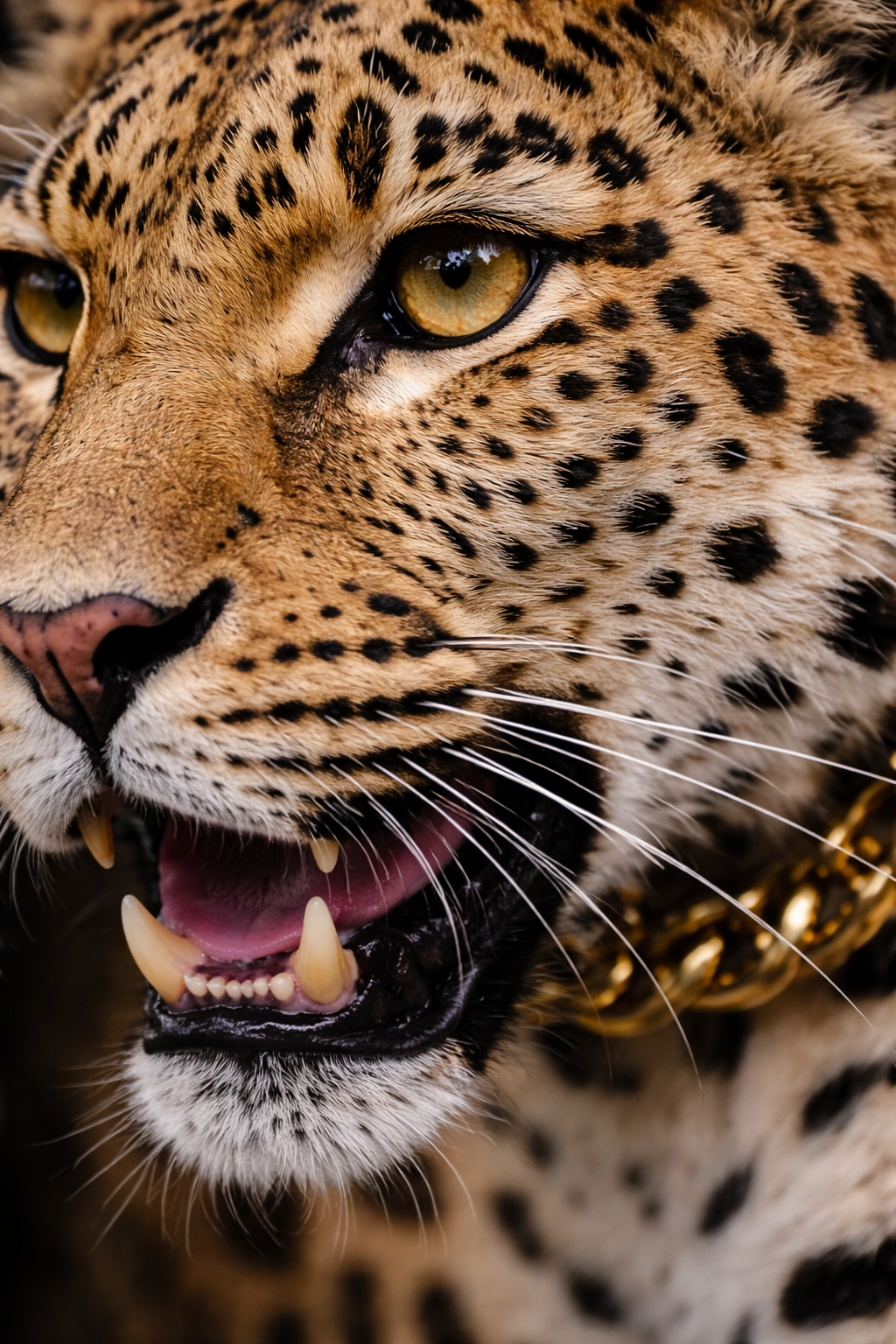 Close-up of a jaguar's face, showing its yellow eyes, spotted fur, sharp teeth, and open mouth. Custom AI influencer, Custom AI persona, Custom AI identity. 