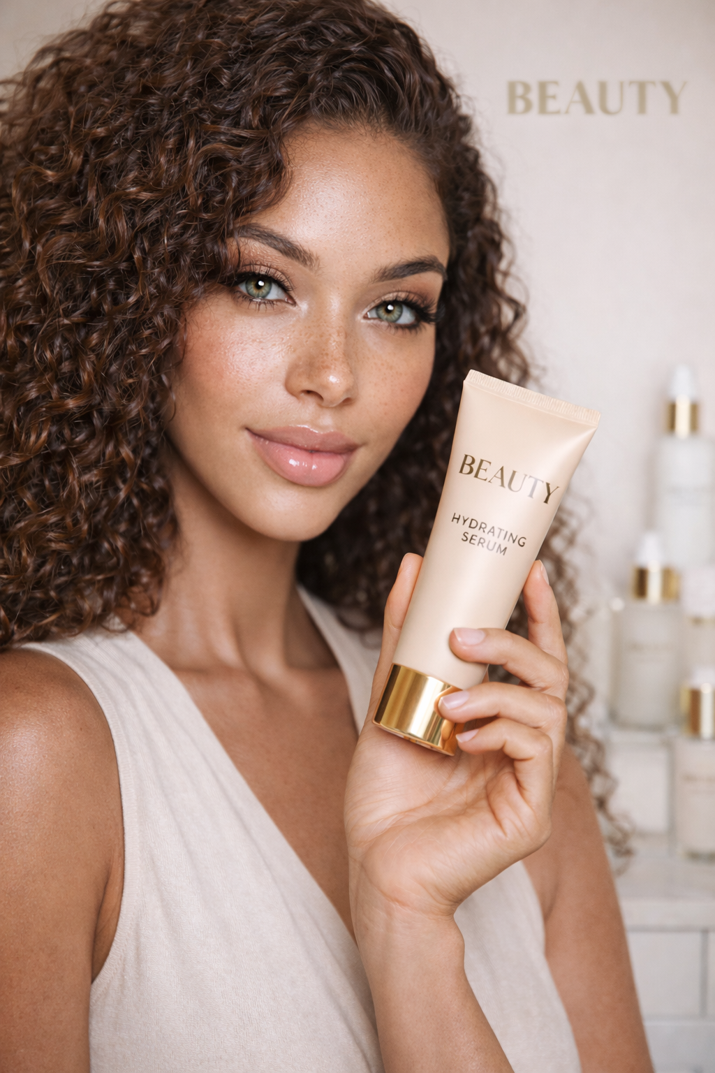A woman with curly brown hair and green eyes holding a tube of beauty hydrating serum, smiling in a skincare setting.