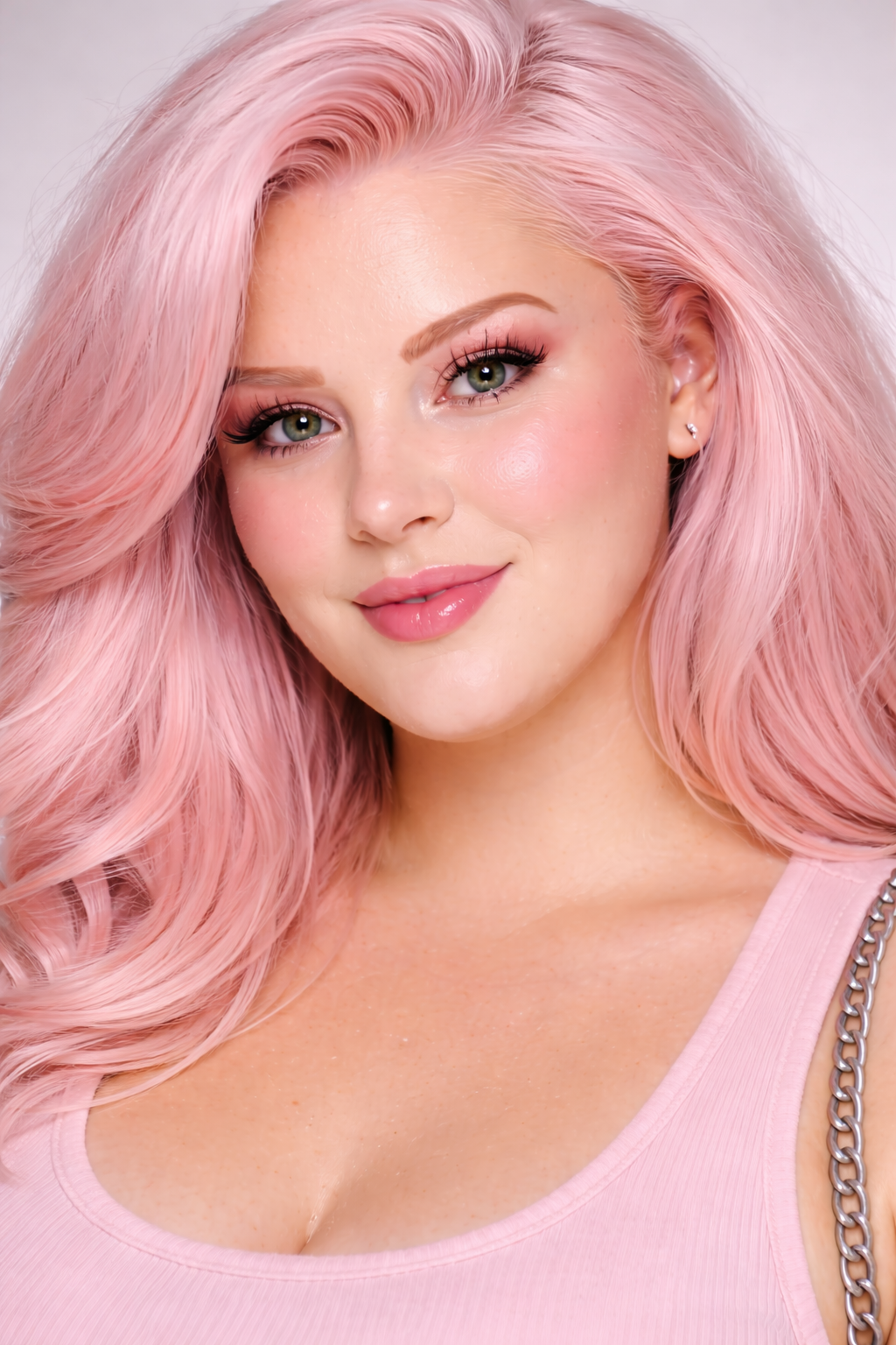 We love opposites and edge cases. 

A woman with long, wavy pink hair, green eyes, and light makeup smiling at the camera, wearing a pink top with a chain detail on the shoulder. Custom AI influencer, AI persona, AI brand ambassador.