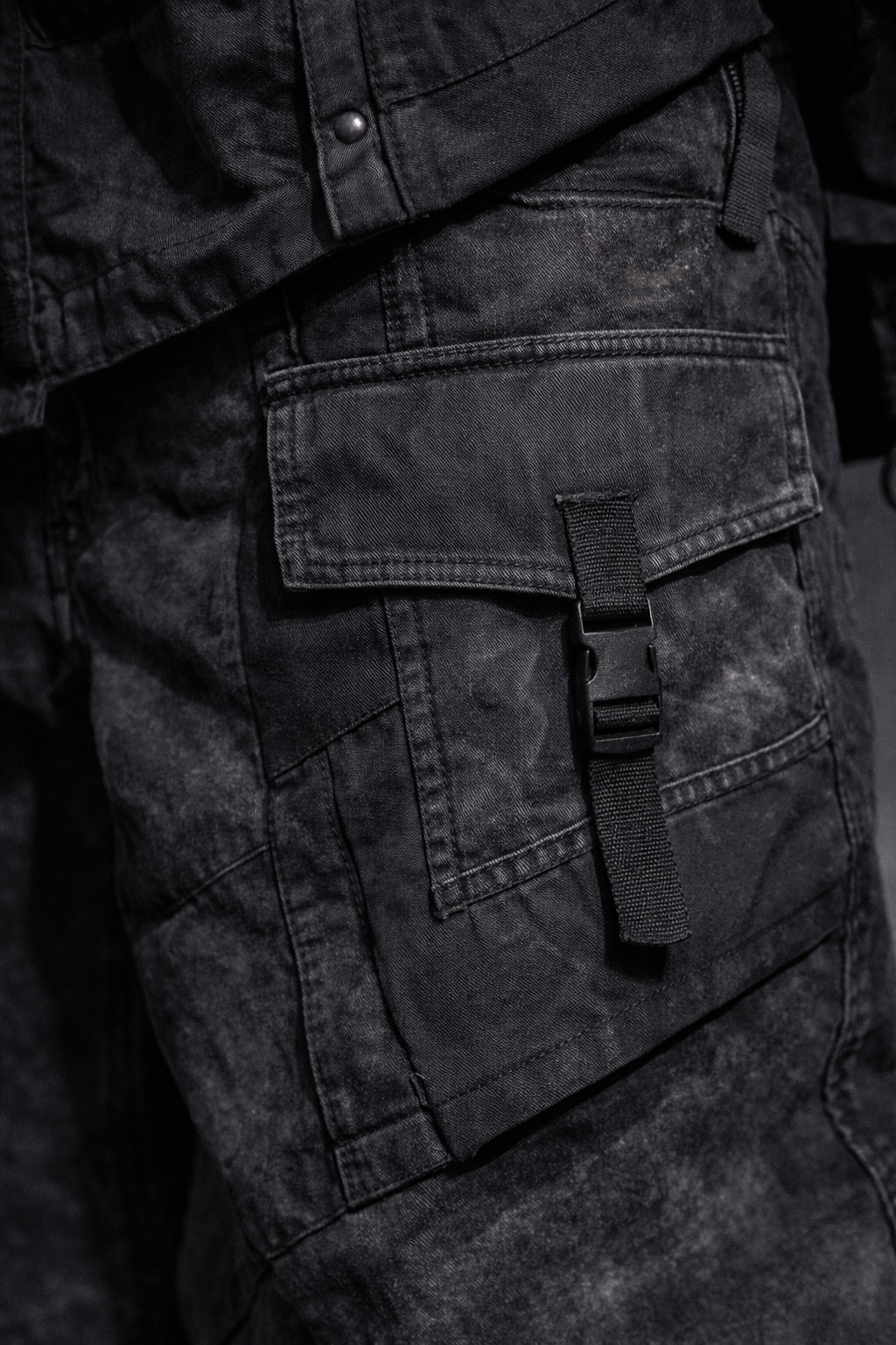 Close-up of black cargo pants with a pocket and a strap with a plastic buckle.  Custom AI Influencer, AI persona.