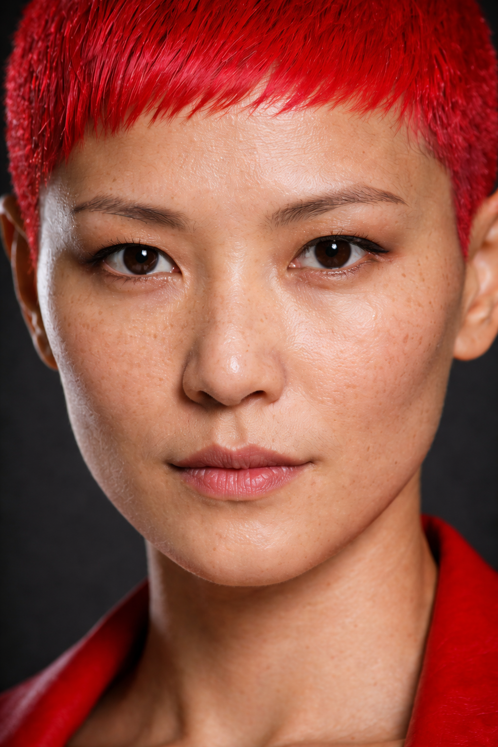 Close-up portrait of a woman with short, bright red hair and brown eyes, wearing a red jacket against a dark background. Custom AI influencer, custom AI content creator.