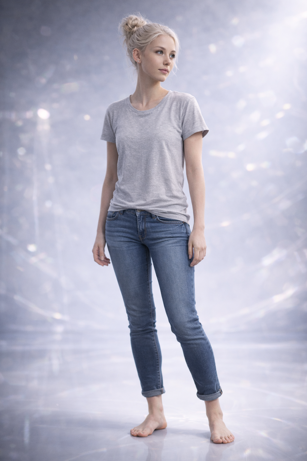 Young woman standing barefoot, wearing a gray t-shirt and jeans, in front of a bright, bokeh background. AI influencer, AI persona, AI design, custom AI.
