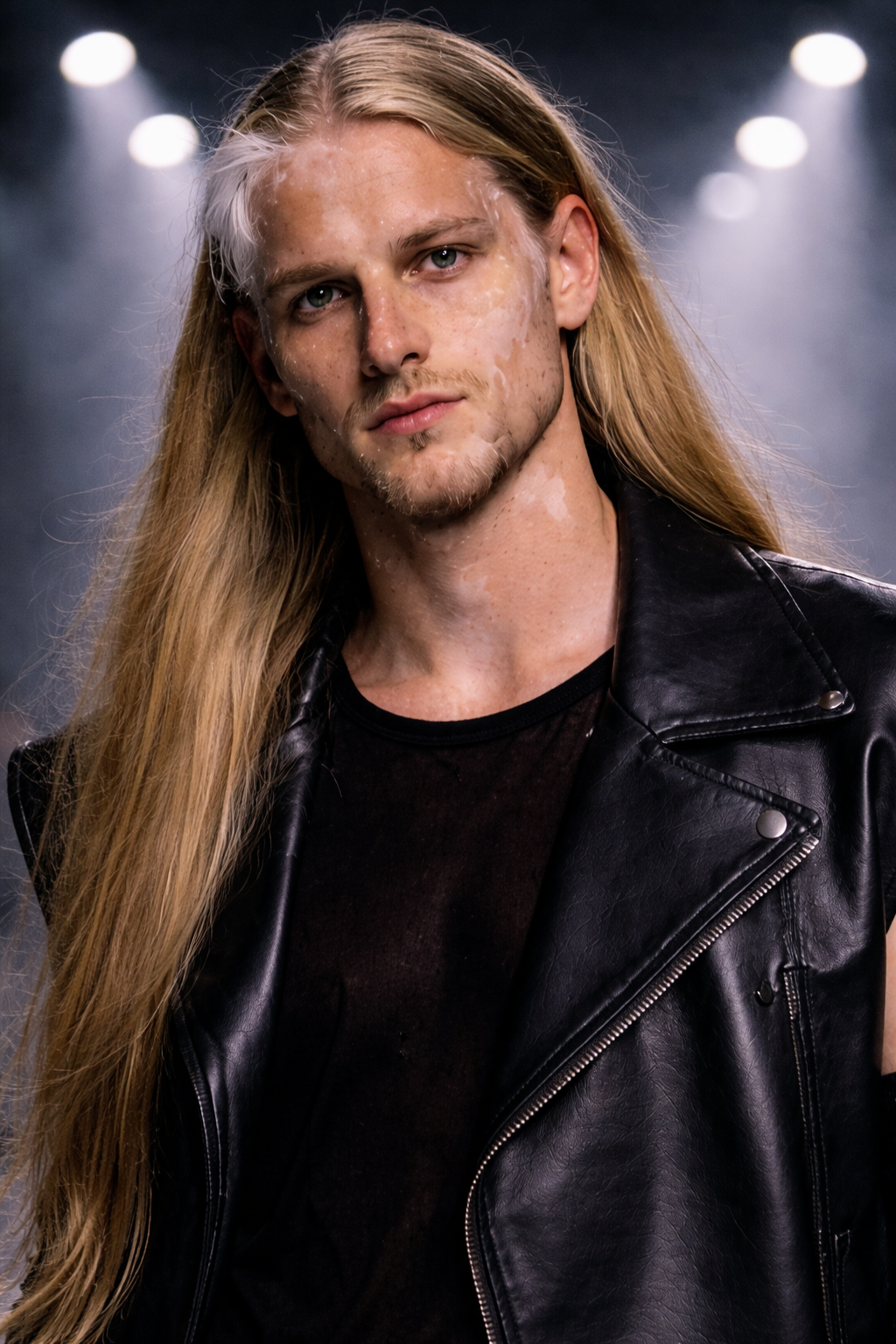 A young man with long blond hair and light skin, wearing a black leather jacket and a black shirt, looking at the camera against a dark, blurry background with bright spots of light. Custom AI Influencer, AI Identity, AI Person, AI Brand ambassador.