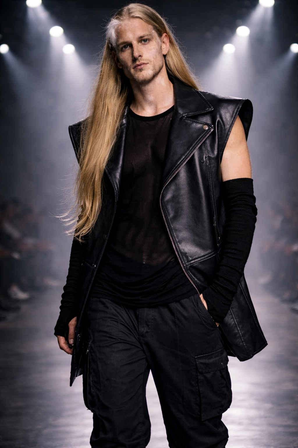 Male model walking on runway in black leather vest and black cargo pants with long blonde hair and arm warmers, under runway lights. Custom AI Influencer, AI Identity, AI Person, AI Brand ambassador.