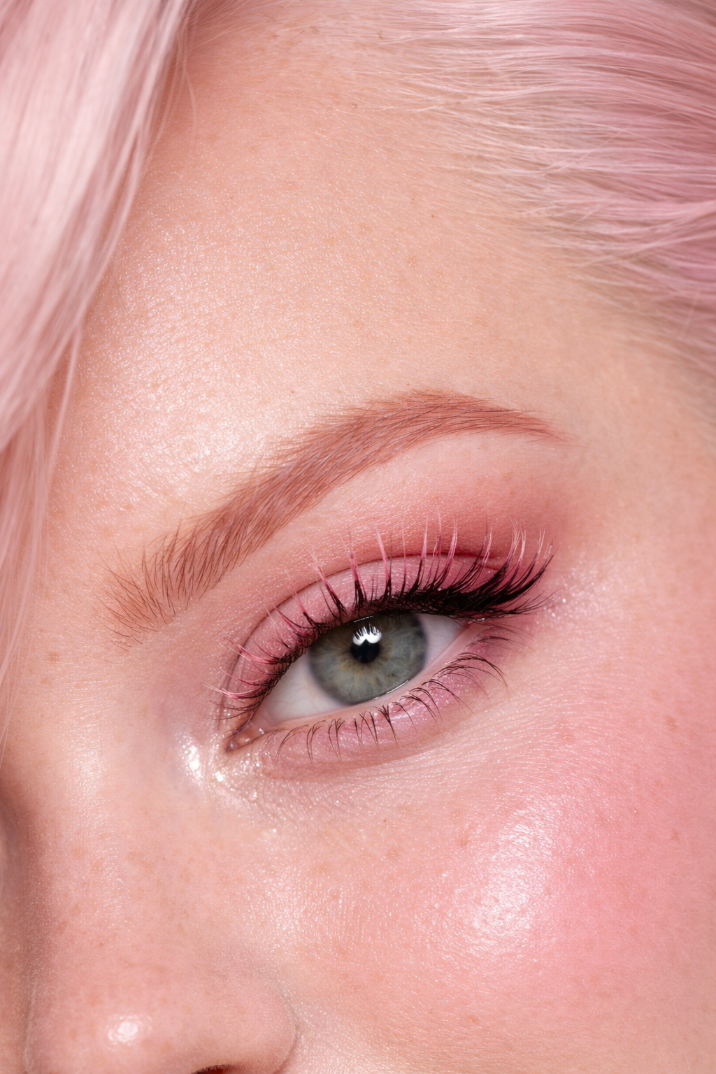Close-up of a woman's eye with makeup, pink eyeshadow, long eyelashes, and pink hair. Custom AI influencer, AI persona, AI brand ambassador.