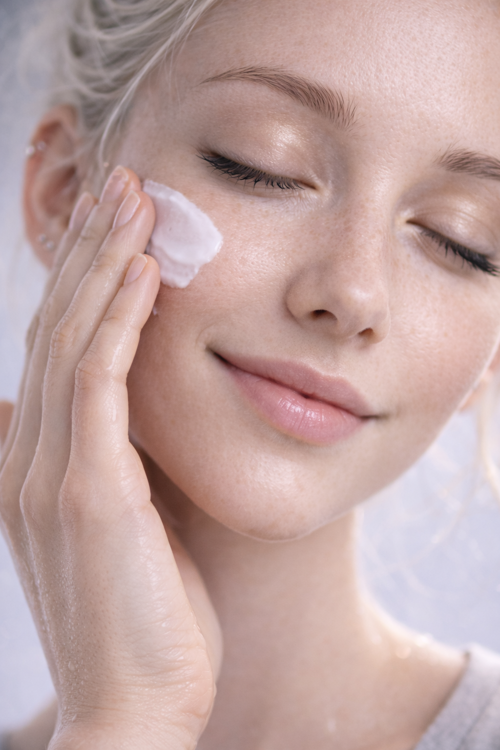 A woman with fair skin and closed eyes applying cream to her cheek. AI influencer, AI persona, AI design, custom AI.