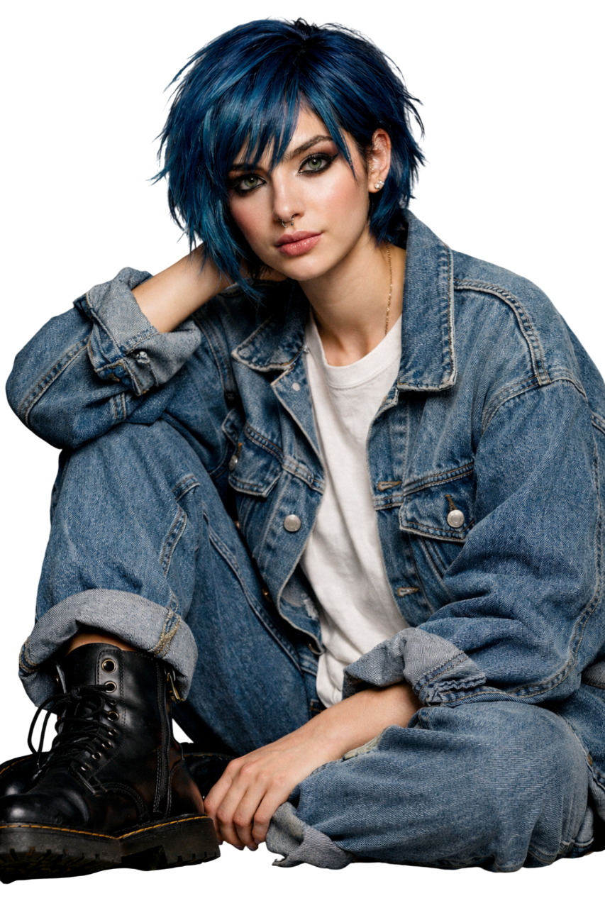 A young woman with blue hair, wearing a denim jacket and jeans, sitting with one knee up and resting her hand on her head, looking at the camera. Custom AI Influencer, AI Identity, AI Person, AI Brand ambassador.