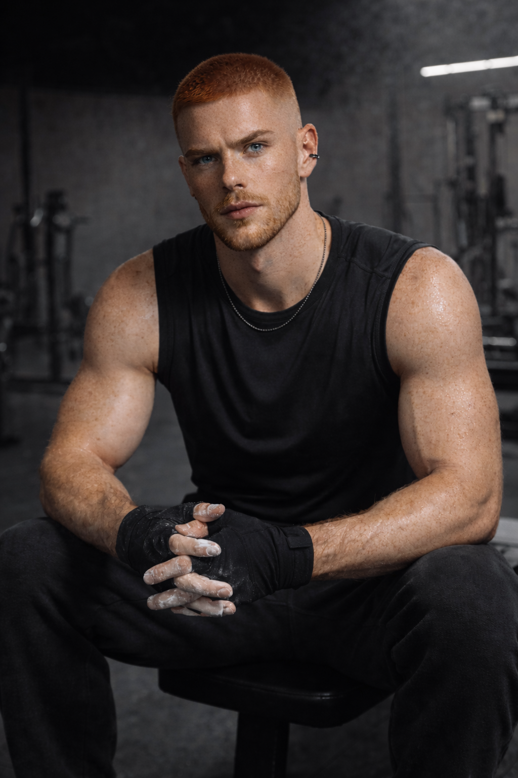 A muscular man with red hair, blue eyes, and light skin, wearing a black sleeveless workout shirt, black gloves, and a chain necklace, sitting on a gym chair in a fitness center with a serious expression.