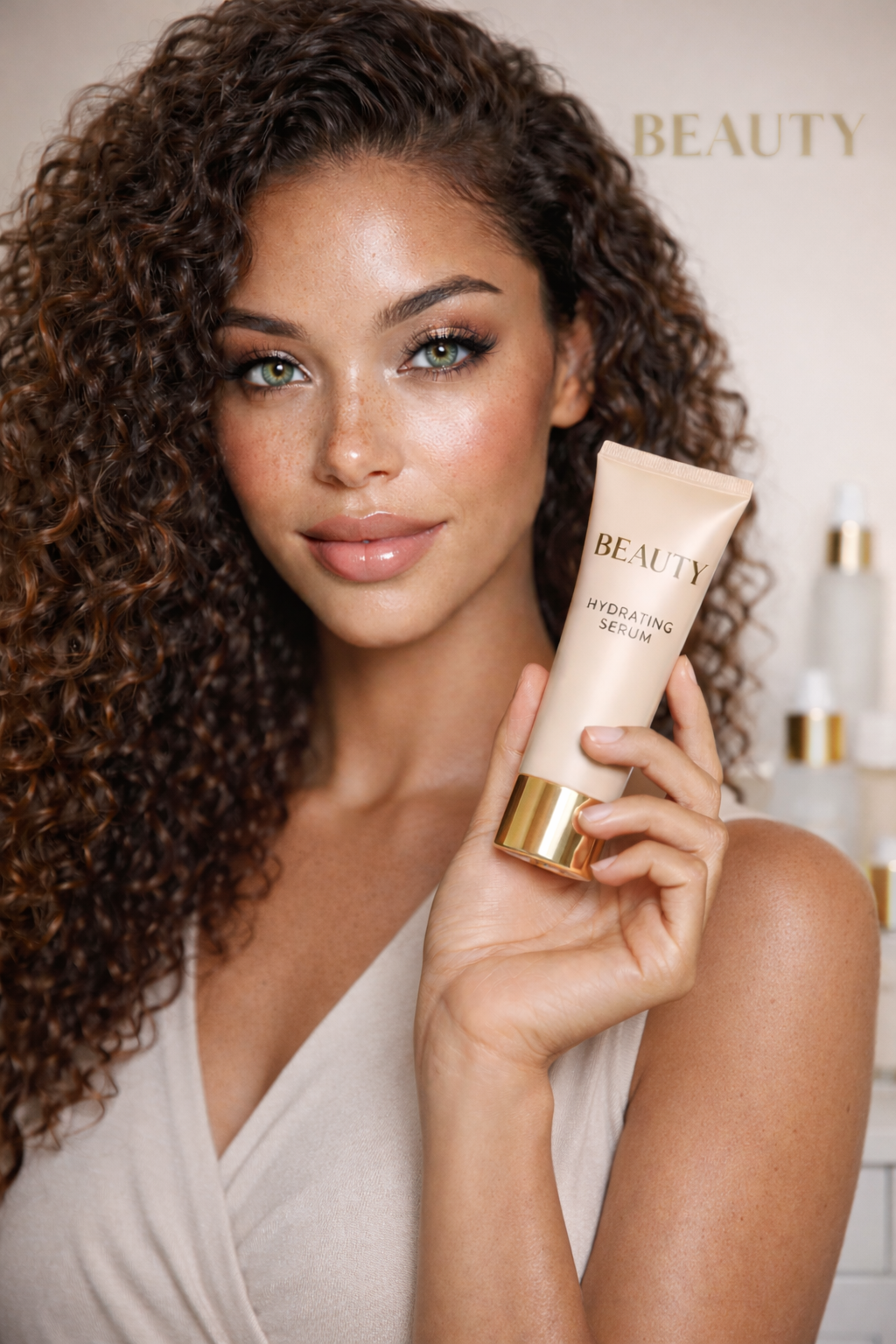 A woman with curly hair and green eyes holding a beige tube labeled 'Beauty Hydrating Serum' in front of a white wall with skincare products in the background.