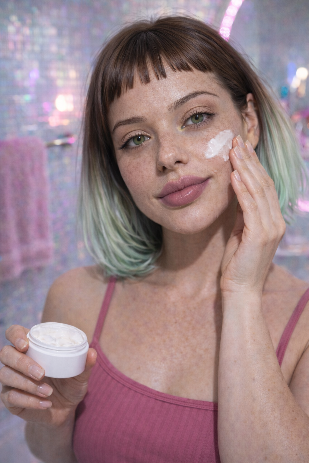 A woman with green eyes and brown hair with green tips applies cream to her face in a room with iridescent background. Custom AI model, AI influencer.