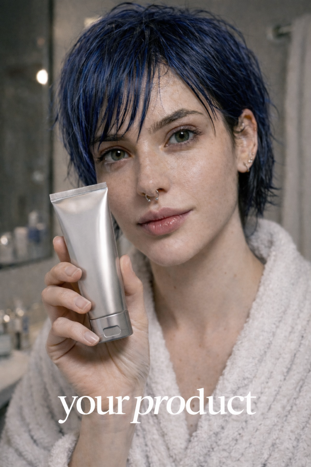 A woman with short blue hair and piercings holding a silver tube of skincare or cosmetic product, standing in a bathroom with a mirror behind her, and the text 'your product' overlayed on the image. AI Influencer, AI persona. AI woman, AI man.