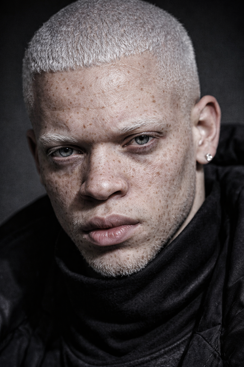 We were wondering how major fashion brand would look like as AI personas. 

Close-up portrait of a person with bleached blonde, very short hair, pale skin with freckles, and light-colored eyes wearing a black top. Custom AI Influencer, AI persona.