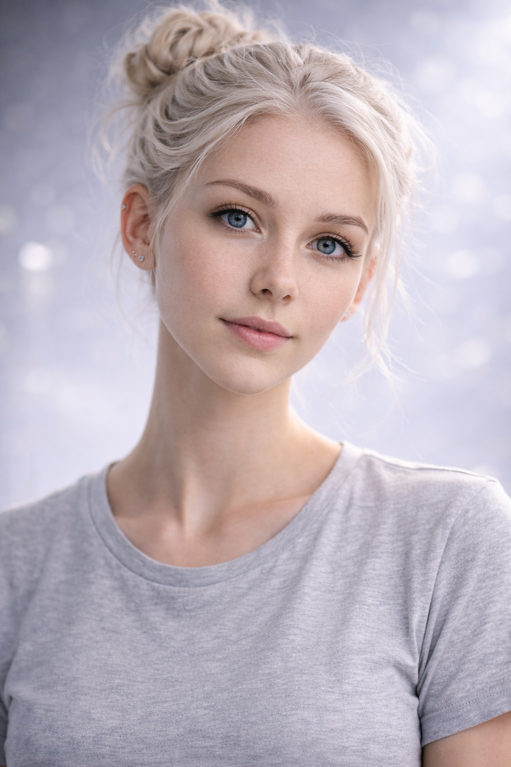 Close-up portrait of a young woman with blue eyes, light blonde hair styled in a messy bun, wearing a gray t-shirt, against a soft, blurred background. AI influencer, AI persona, AI design, custom AI.