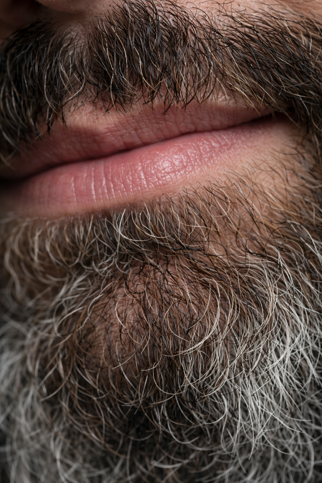 Close-up of a person's lips with facial hair, including a mustache and beard. AI influencer, AI persona, AI design, custom AI.