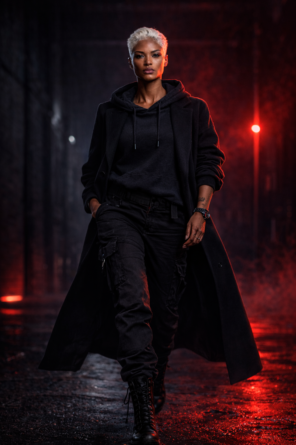 A woman with platinum blonde short hair, dressed in dark clothing, standing in a dark city alley illuminated by red and faint white lights at night.