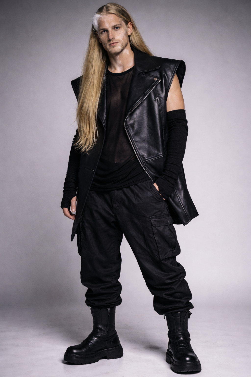 Person wearing a black leather vest, black sheer shirt, black cargo pants, and black boots, standing against a gray background. Custom AI Influencer, AI Identity, AI Person, AI Brand ambassador.