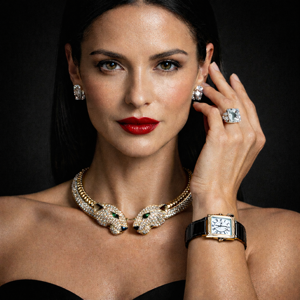 We were wondering how major high fashion brand would look like as AI personas.
 A woman with dark hair and makeup wearing a gold and jeweled necklace, earrings, and a large ring, and a black watch, against a black background. Custom AI influencer, Cu