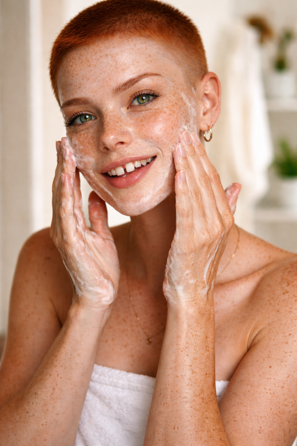 A woman with red hair and freckles washing her face with soap in a bright bathroom. Custom AI influencer, custom AI content creator.