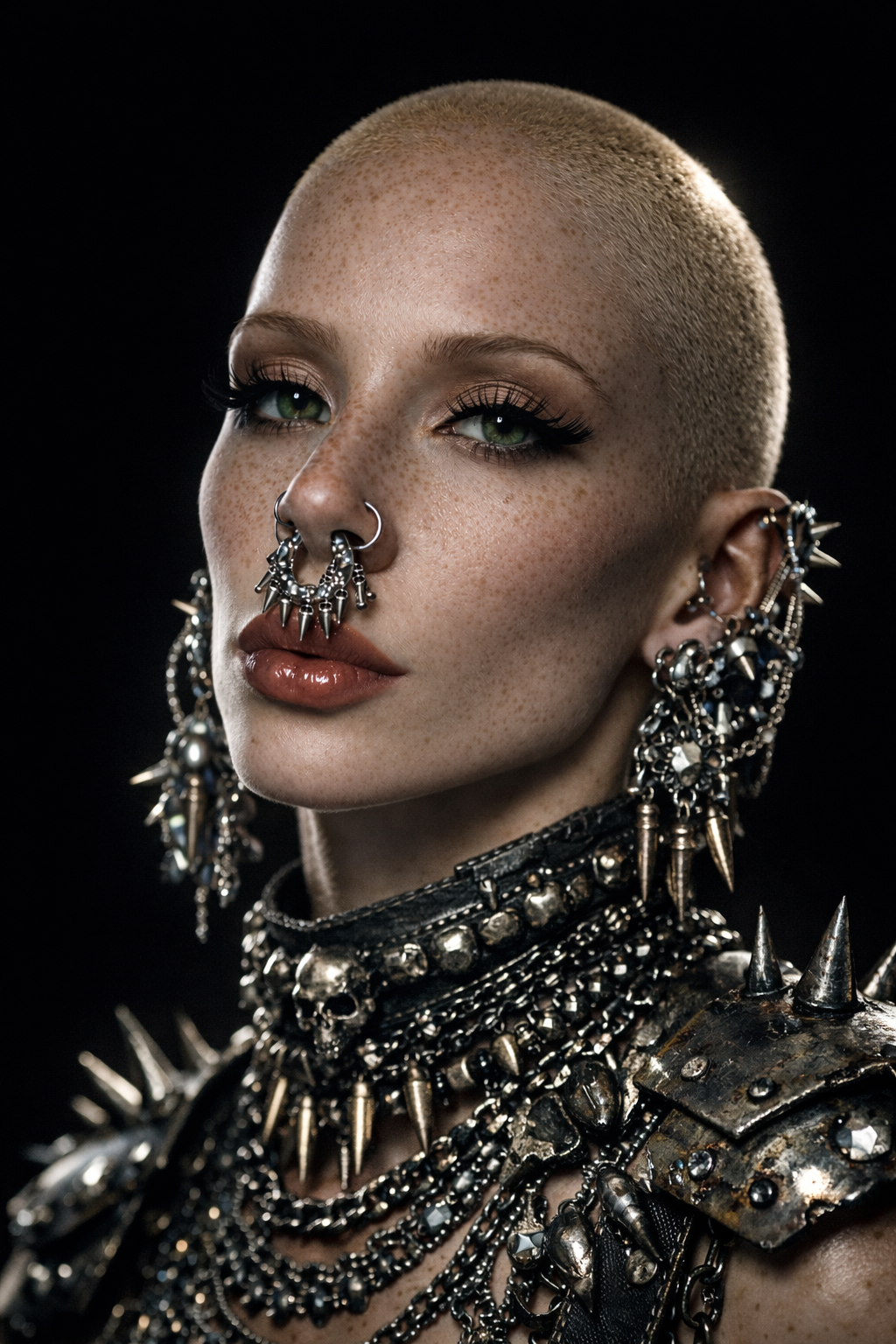 A woman with a shaved head and multiple facial piercings, including a septum ring and earrings, wearing layered metallic jewelry with spikes and skull motifs, against a black background. AI influencer, AI persona, AI design, custom AI.
