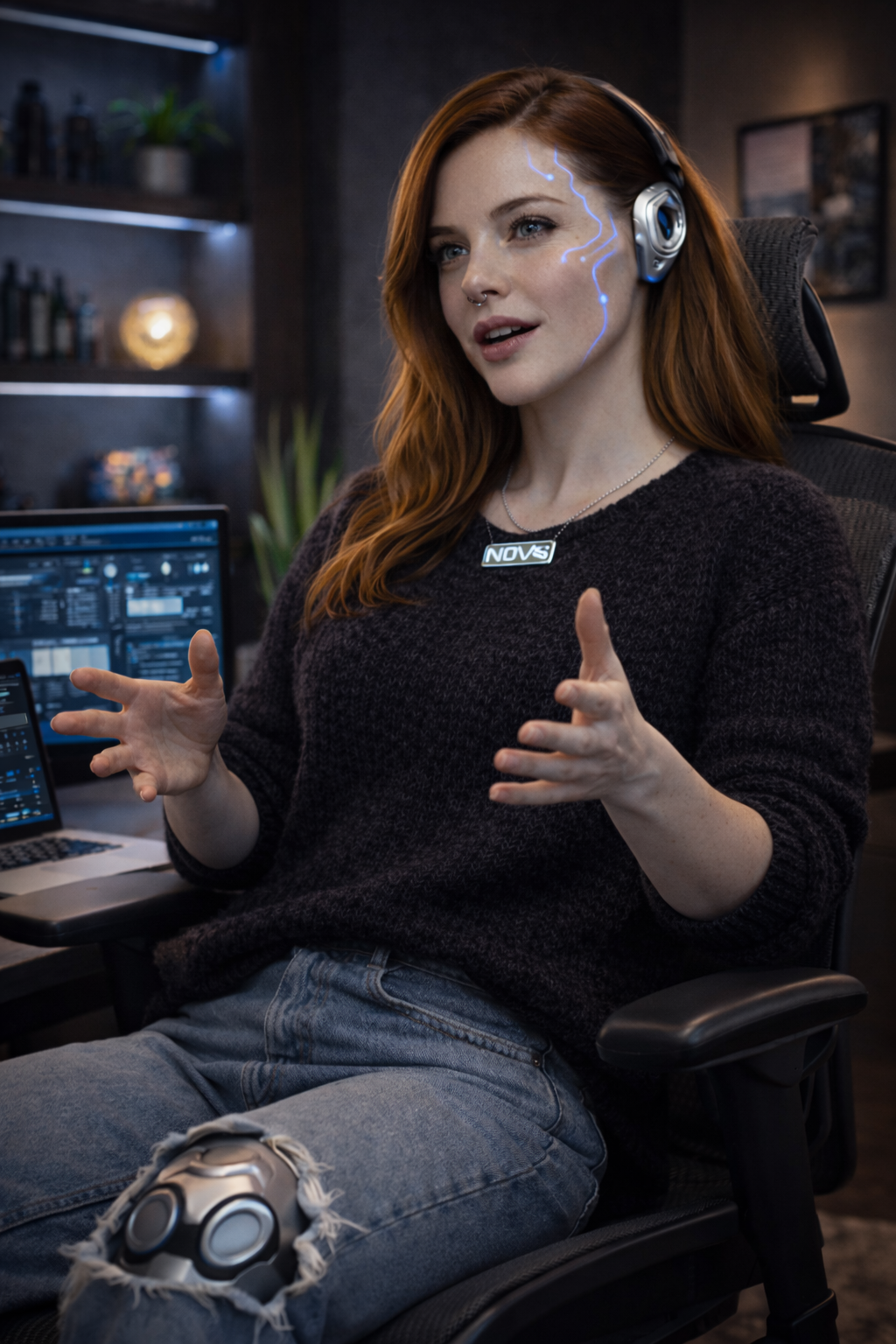 A woman with long red hair, wearing a black sweater and ripped jeans, sits in a chair with a cybernetic leg prosthetic, talking and gesturing with her hands in front of computer screens in a dimly lit room. AI Influencer, AI persona. AI woman, AI man