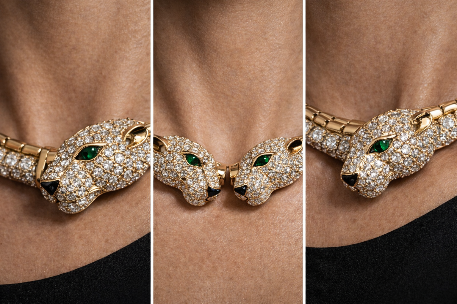 Close-up of a person's neck wearing a gold choker necklace with a tiger head pendant encrusted with diamonds, featuring green gemstone eyes and black gemstone nose. Custom AI influencer, Custom AI persona, Custom AI identity. 
