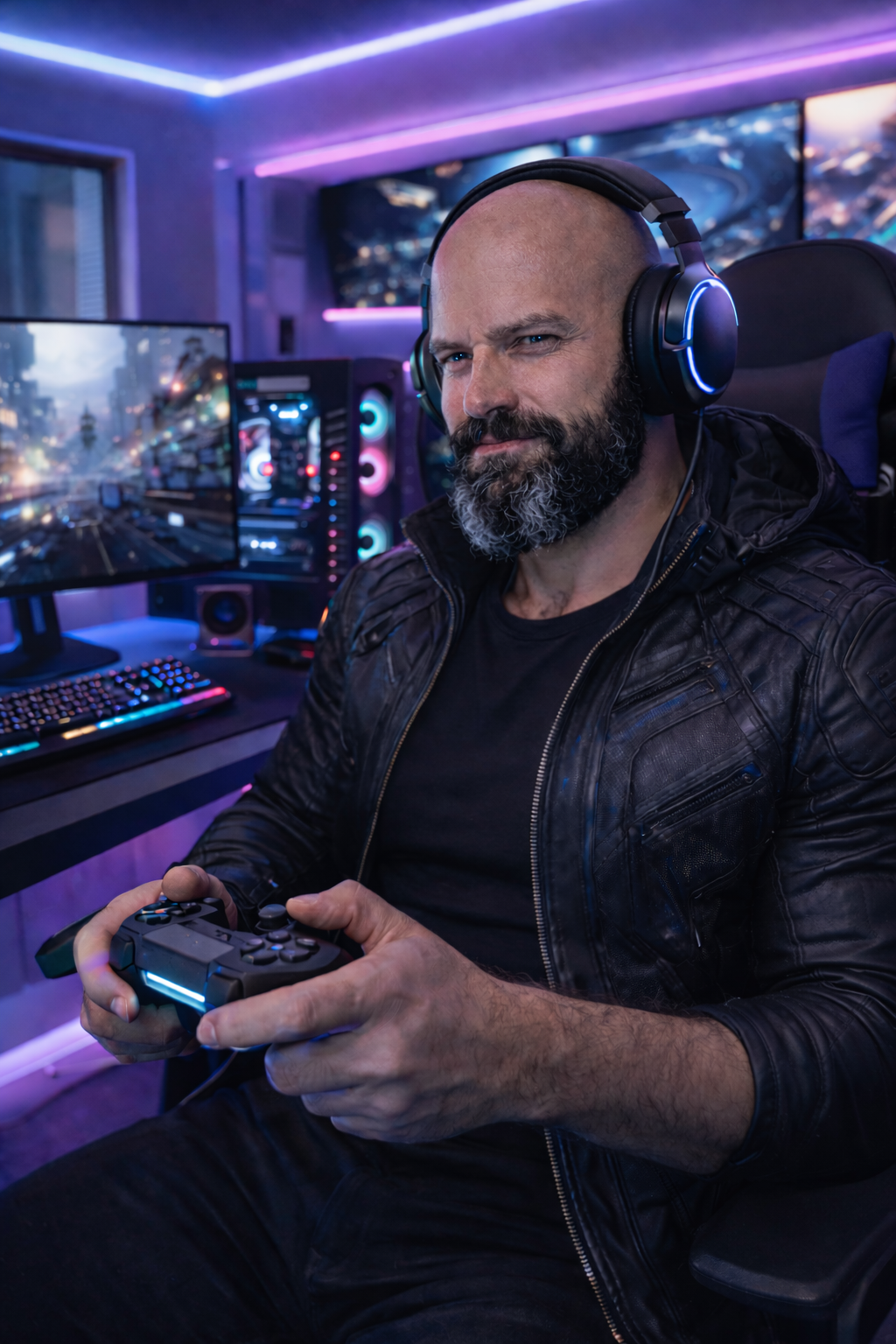 A man with a beard sitting at a gaming setup, wearing a black leather jacket and gaming headphones, holding a game controller, with a multi-monitor computer setup and colorful lighting in the background.