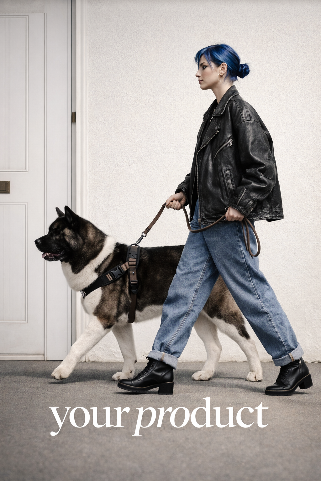 A woman with blue hair walking a large dog indoors, with the text 'your product' at the bottom. AI Influencer, AI persona. AI woman, AI man. AI person. AI product placement. 