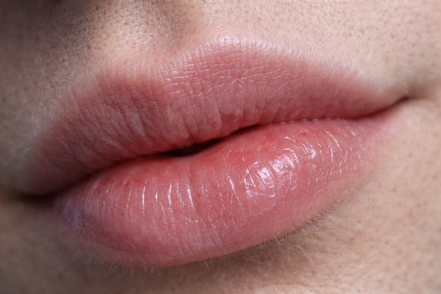Close-up photograph of lips showing natural texture and soft pink color.