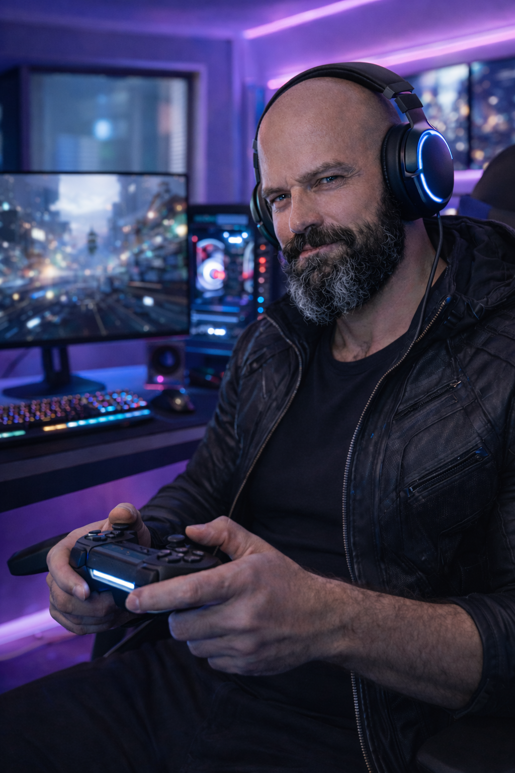 A man with a beard and headset playing a video game with a game controller in a gaming setup with monitors and colorful lights.