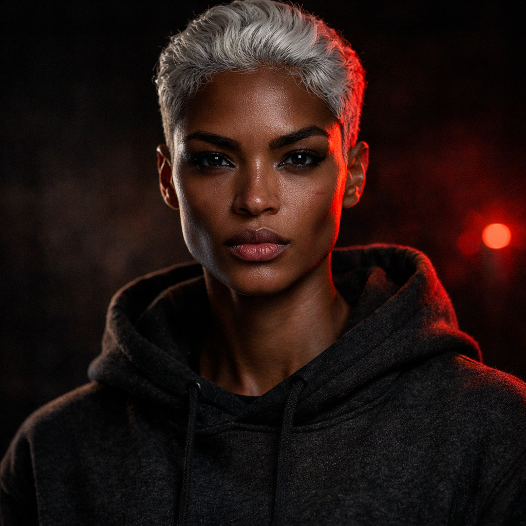 A woman with short, platinum blonde hair and dark makeup, wearing a black hoodie, standing against a dark background with red light accents.