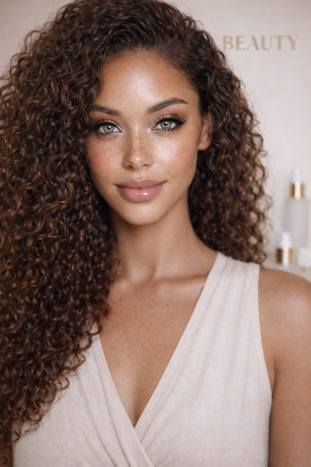 A young woman with curly brown hair and green eyes smiling softly, wearing a sleeveless beige top in a beauty setting.