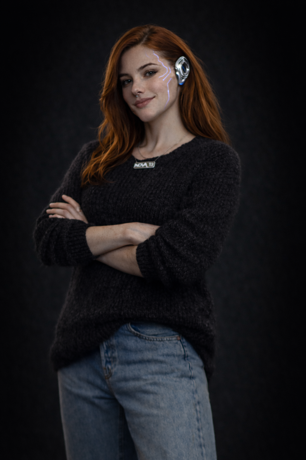 Young woman with red hair and a confident smile, crossing arms and wearing a black sweater, blue jeans, and a necklace with a rectangular pendant against a dark background. AI Influencer, AI persona. AI woman, AI man. AI person. 
