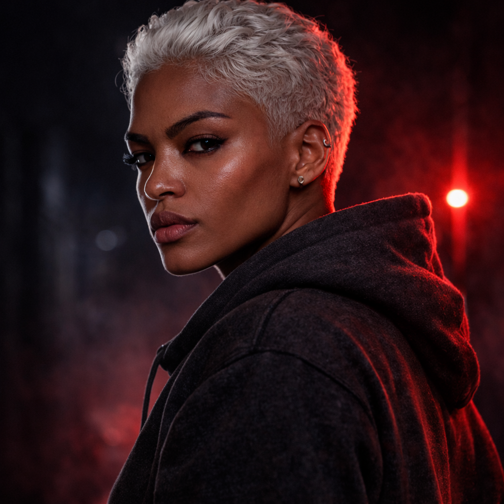 A woman with short platinum blonde hair and earrings wearing a dark hoodie against a dark background with red lights.