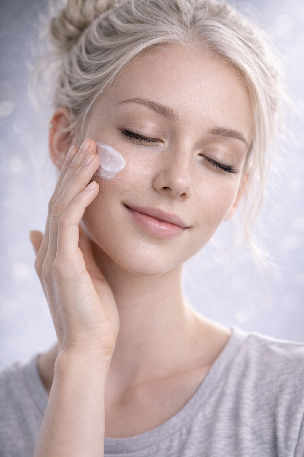 A woman with blonde hair is smiling with her eyes closed while applying moisturizer or cream to her face. AI influencer, AI persona, AI design, custom AI.