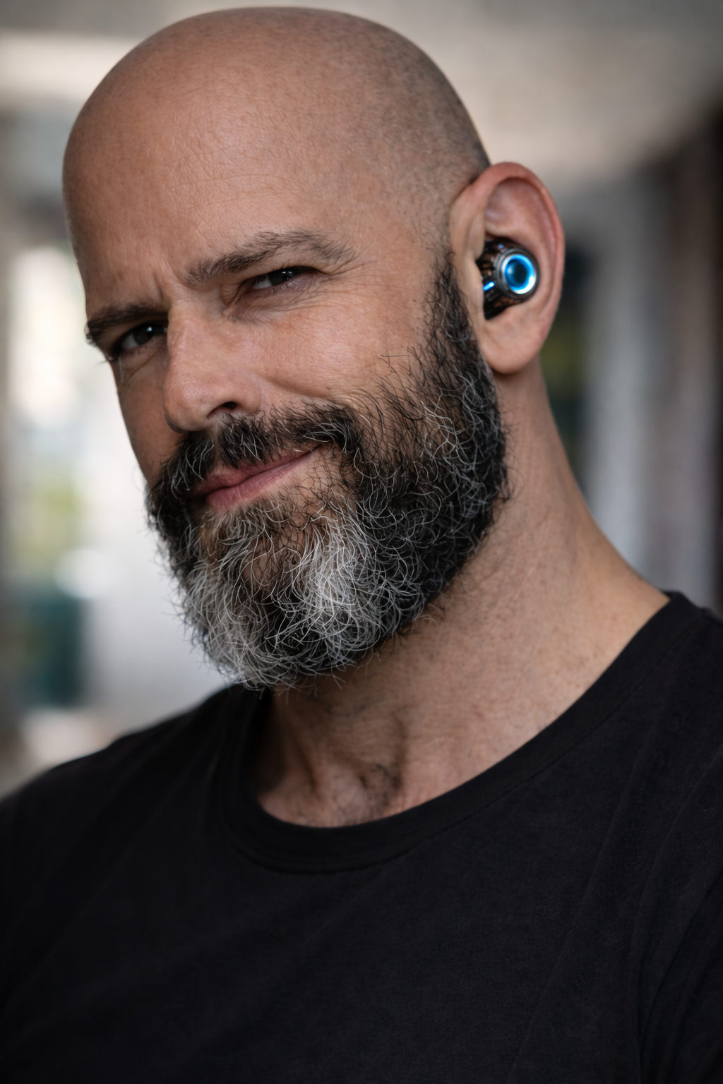 A middle-aged man with a beard and shaved head wearing a black shirt and a wireless earbud with a blue LED light in his right ear, smiling slightly. AI influencer, AI persona, AI design, custom AI.