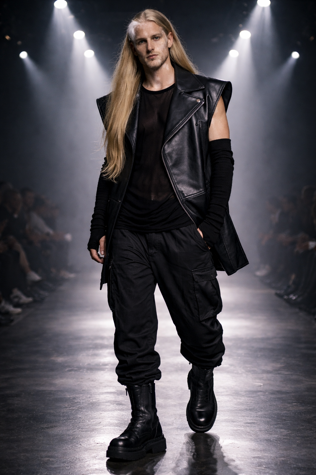 A male model with long blond hair walking on a runway in a dark fashion ensemble including a black sleeveless leather vest, black mesh shirt, baggy black pants, and black combat boots. Custom AI Influencer, AI Identity, AI Person, AI Brand ambassador