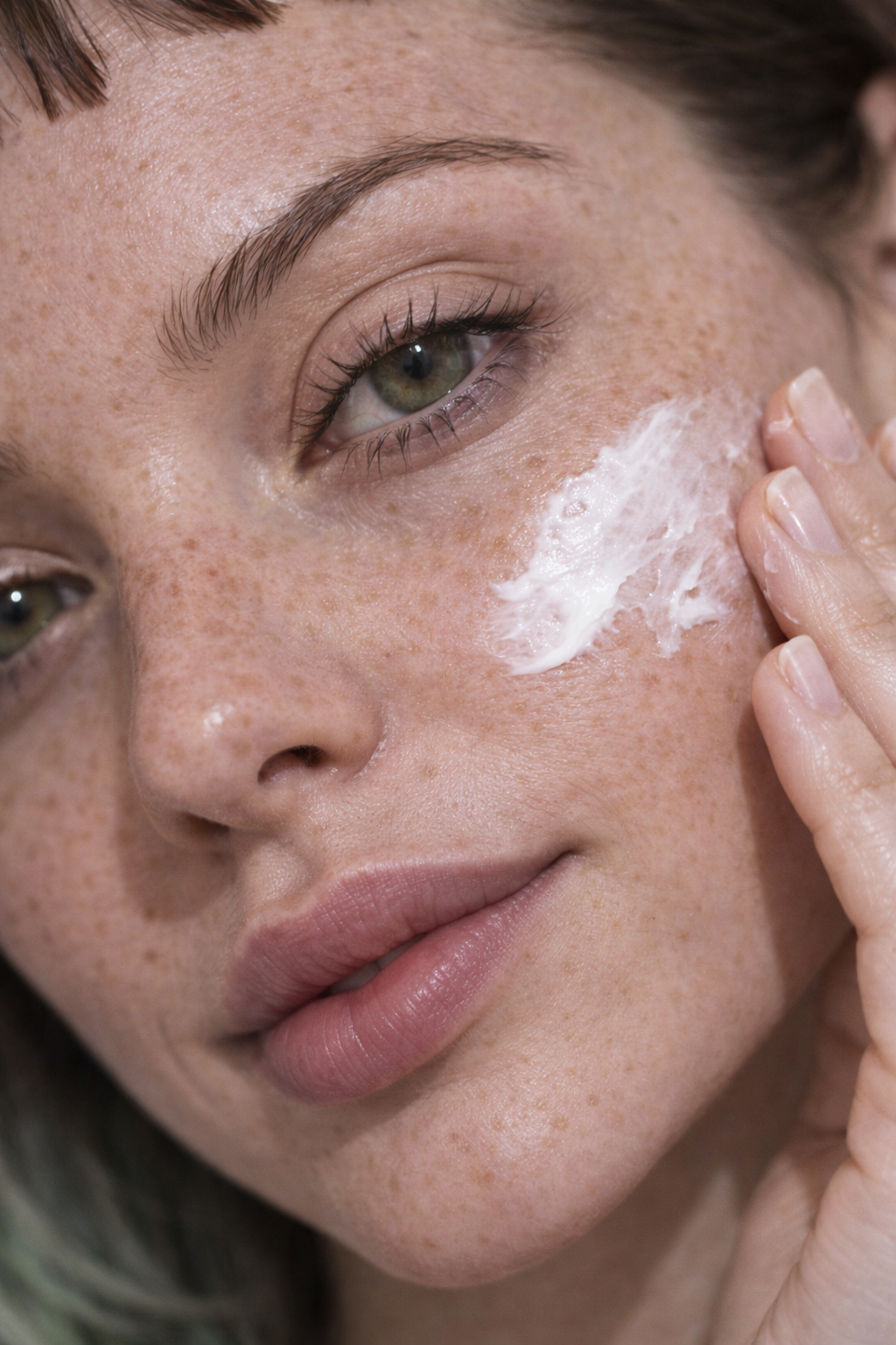 A woman with light skin, freckles, and green eyes applies white cream to her cheek. Custom AI model, AI influencer.