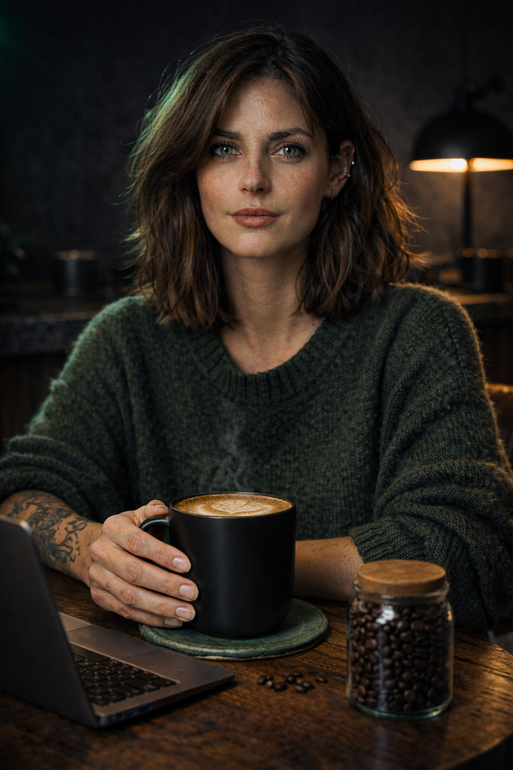 A woman with shoulder-length brown hair and tattoos on her left arm, wearing a green sweater, sitting at a wooden table in a dimly lit coffee shop, holding a black mug with a hot beverage, surrounded by a laptop, a jar of coffee beans, and a small pl