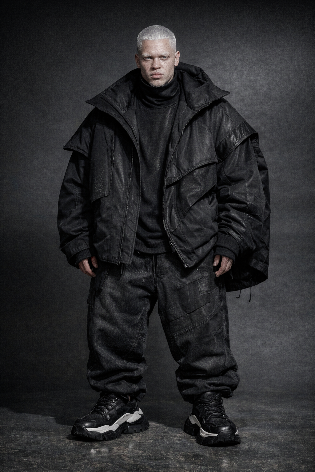 A young man with bleached blonde hair, wearing a black jacket, black sweater, baggy black pants, and black sneakers, standing against a dark background.  Custom AI Influencer, AI persona.