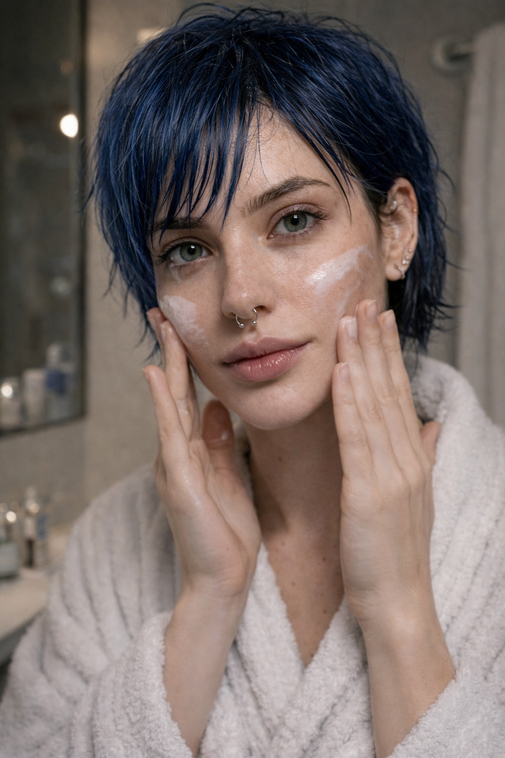 Woman with short blue hair and multiple earrings gently touching her face, wearing a white bathrobe, in a bathroom setting. AI Influencer, AI persona. AI woman, AI man. AI person. AI skin care.