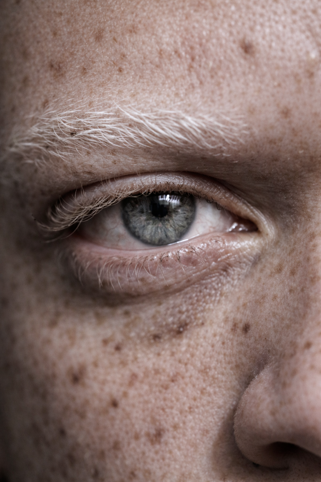 Close-up of a human eye with detailed skin texture and freckles around it.  Custom AI Influencer, AI persona.