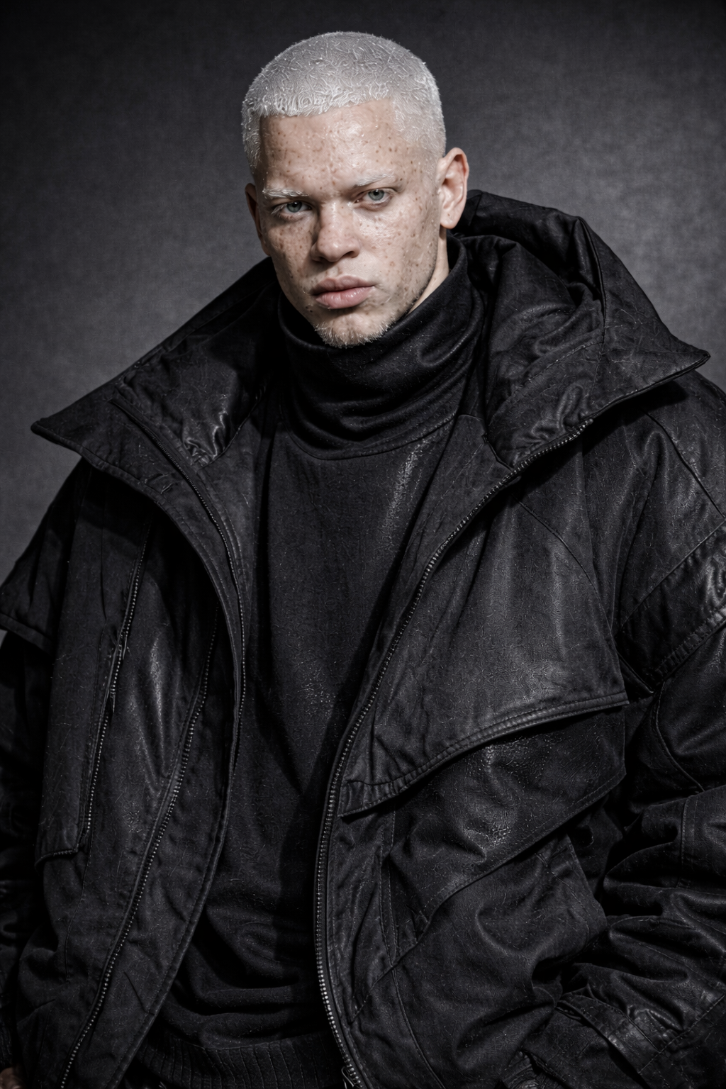 We were wondering how major fashion brand would look like as AI personas.

A young man with platinum blonde hair, pale skin, and blue eyes, wearing a black leather jacket and black clothing, looking serious against a dark background.  Custom AI Influ