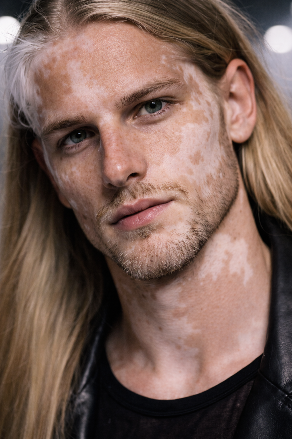Diversity in fashion is also big YES for us. 

Close-up portrait of a young man with long blond hair, blue eyes, light beard, and freckles, looking directly at the camera with a neutral expression, wearing a black shirt and leather jacket. Custom AI 