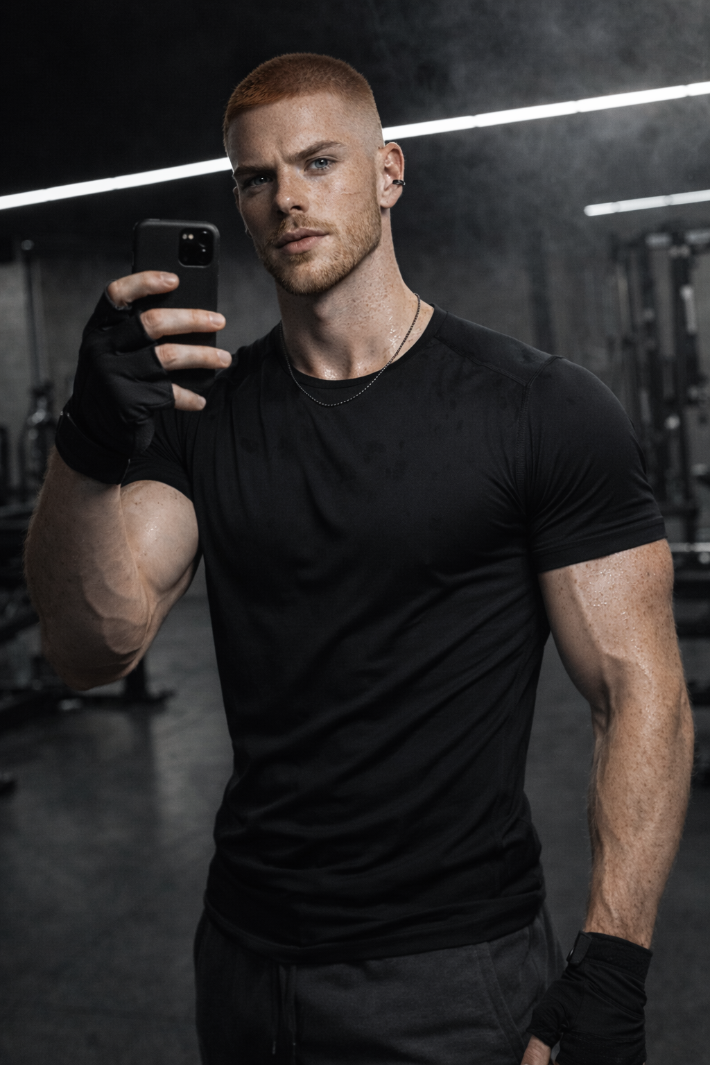 Man taking a selfie after workout in gym, wearing black athletic shirt, with sweat on his face and arms, holding phone in front of mirror.