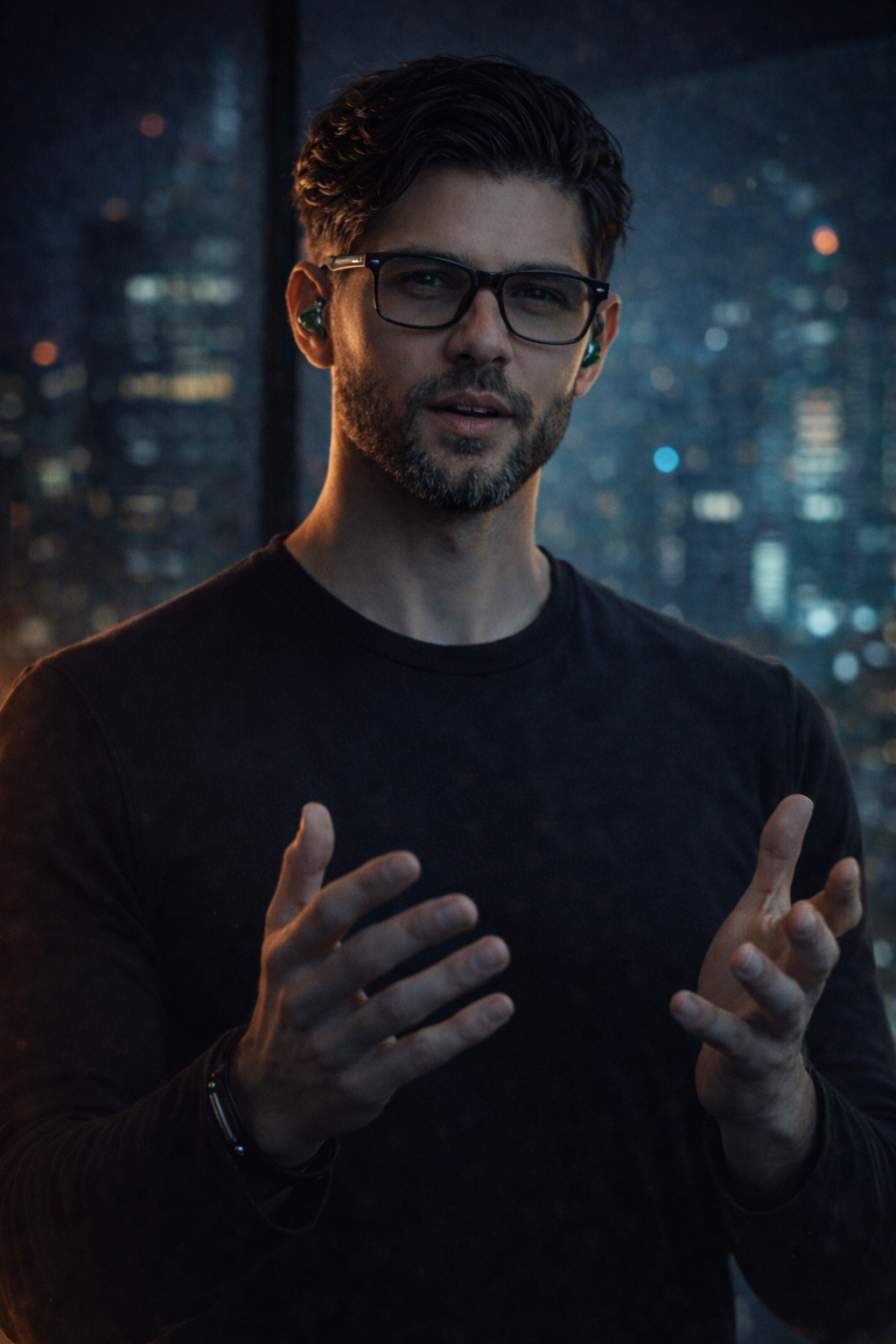 A man with dark hair, glasses, and a beard wearing a black shirt, speaking with animated hand gestures against a city skyline at night. AI Influencer, AI persona. AI woman, AI man. AI person. 