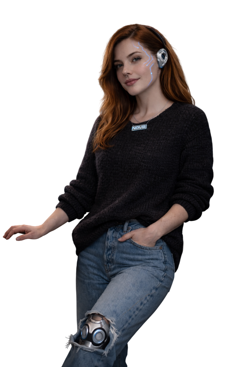 A young woman with long red hair, wearing a black sweater and ripped jeans, sitting casually with her left hand in her pocket. She has a cybernetic implant. Custom AI Influencer, AI Identity, AI Person, AI Brand ambassador.