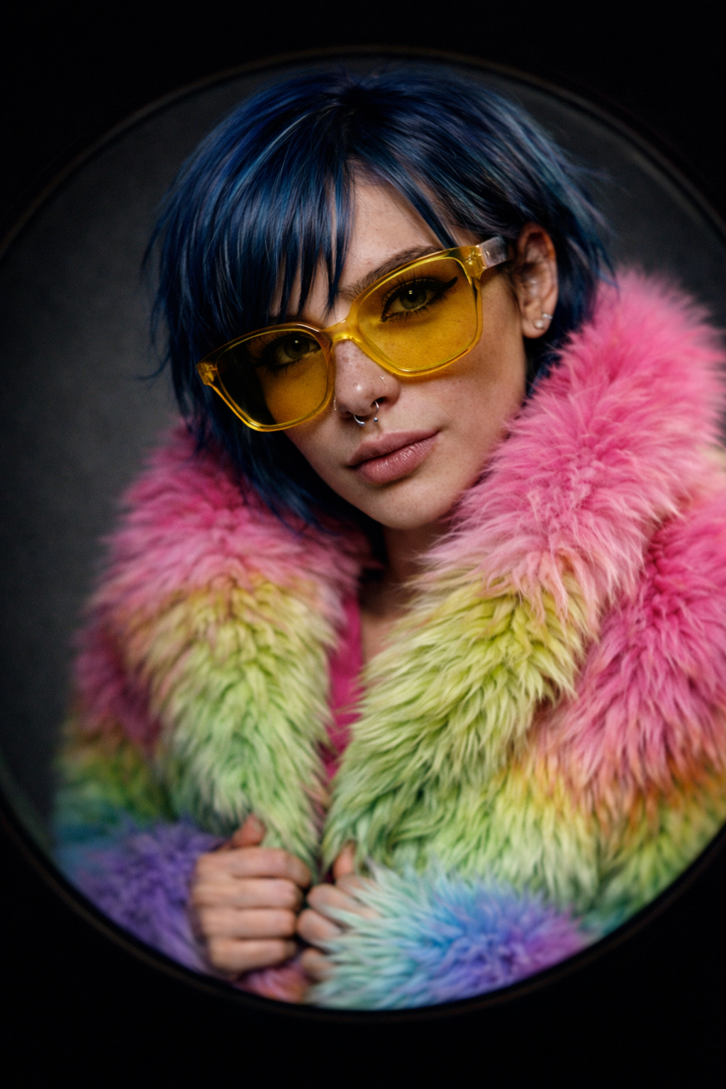 A woman with blue hair wearing yellow-tinted sunglasses and a multicolored faux fur coat that has pink, yellow, green, blue, and purple hues. AI Influencer, AI persona. AI woman, AI man. AI person. AI fashion. 