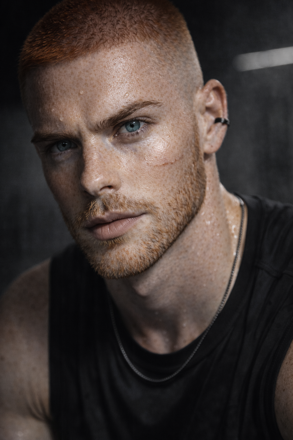 A close-up portrait of a young man with fair skin, bright blue eyes, and short red hair. His face and neck are sweaty, and he is wearing a black sleeveless athletic shirt, a small hoop earring in his left ear, and a silver chain necklace. The backgro