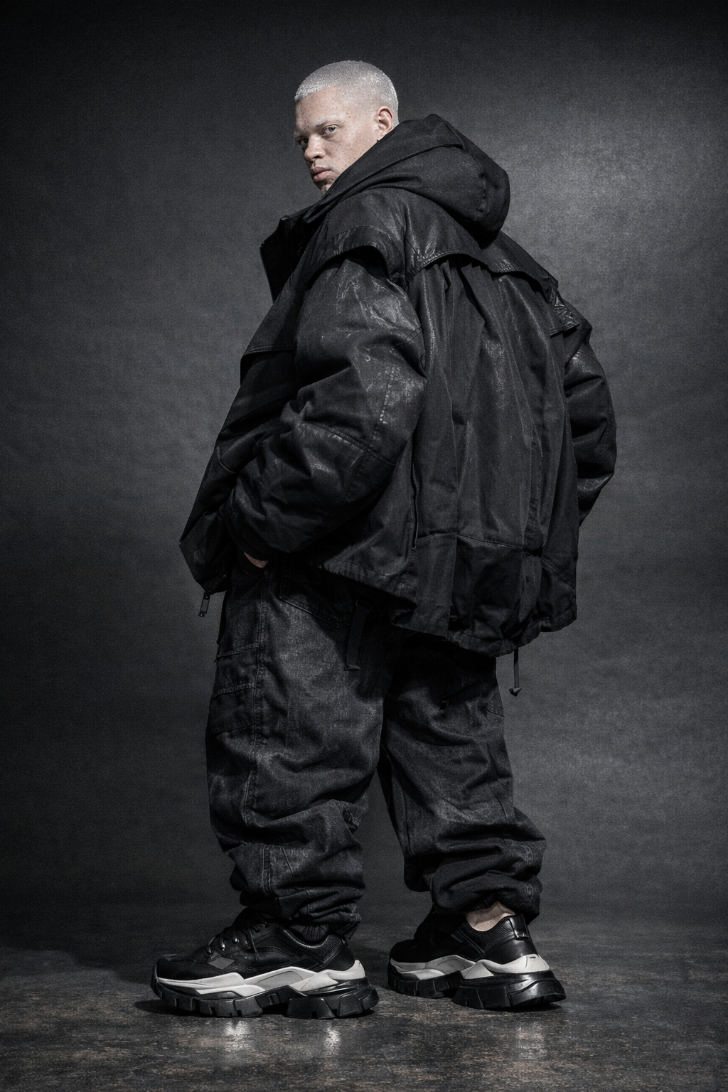 A person with a shaved, platinum blonde hairstyle wearing a black puffer jacket, black baggy pants, and chunky black sneakers against a dark gray background.  Custom AI Influencer, AI persona.